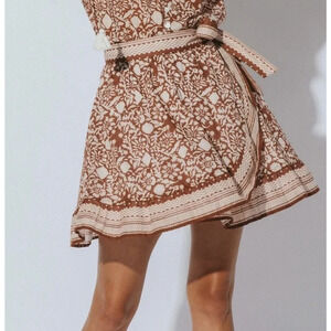 Cleobella Tori Terracotta Block Floral Print Wrap Front Tie Ruffle Mini Skirt XS